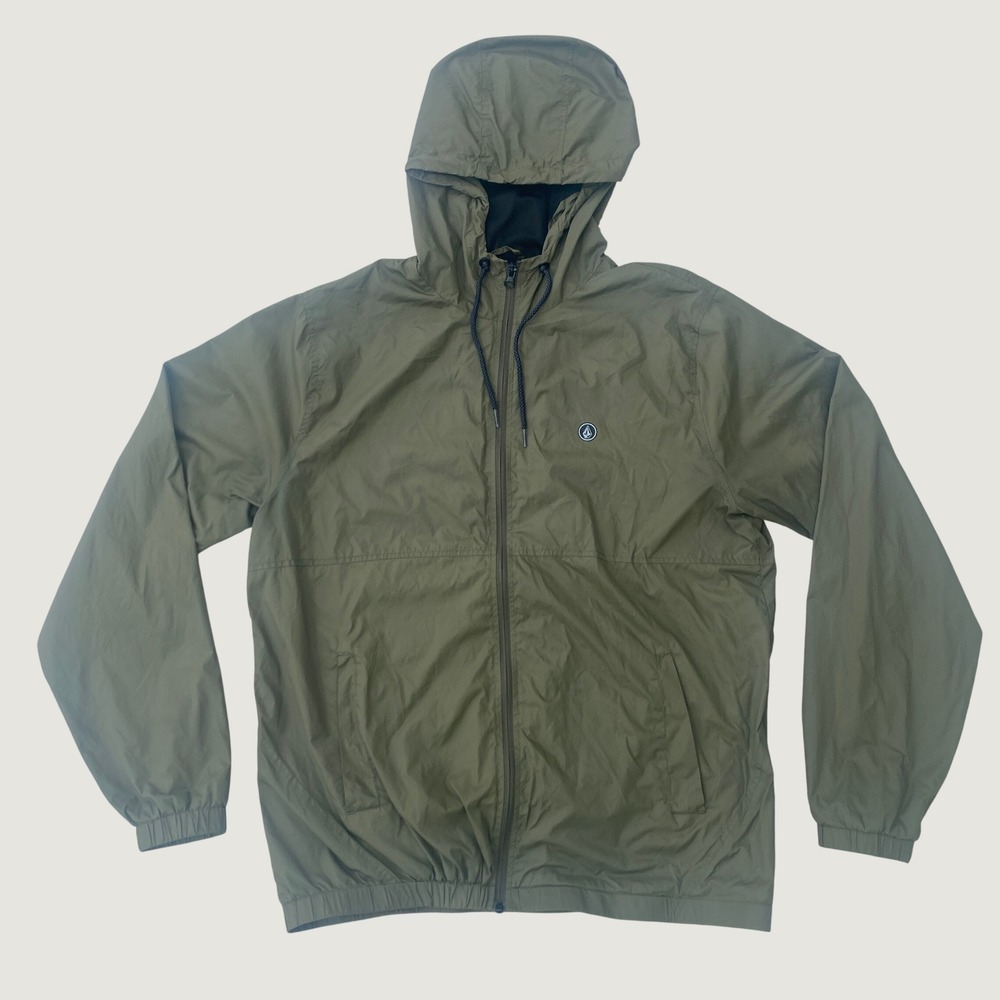 Volcom Hooded Windbreaker Jacket Mens Large Olive Green Water Resistant